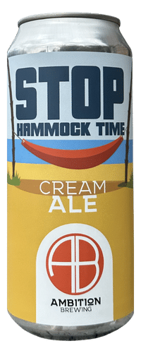 Stop Hammock Time can of beer, label has a beach with a hammock