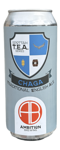 Chaga Traditional English Ale label, gray with white and blue shield
