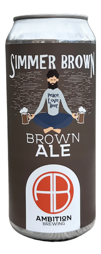 Simmer Brown, brown ale label, with beaarded cartoon man doing yoga, his shirt reads "Peace, Love, Beer."