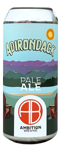 Adirondak Pale Ale can with view of lake, mountains, and adirondack chairs